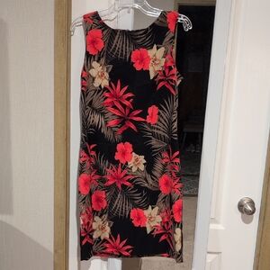 Black Tropical Floral Sleeveless Shift Dress - Coral Red & Beige Floral